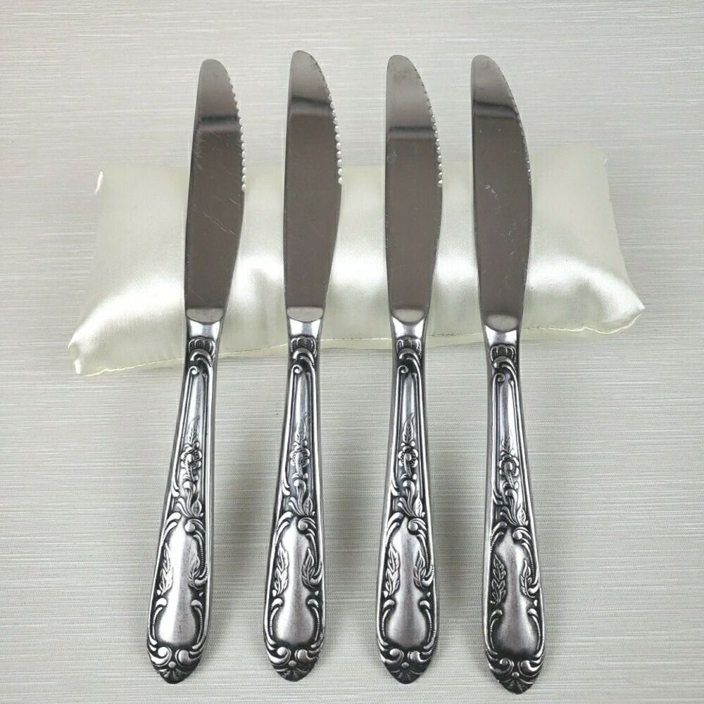 Amefa Dinner Knives Stainless Holland AFS1 4 Pcs Scroll Leaf Flatware Silverware